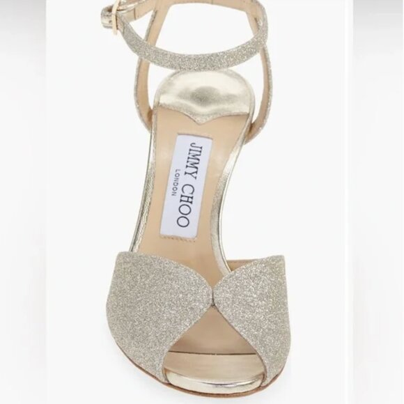 JIMMY CHOO Women's Gold Glitter Sacora Peep Toe Sandal Size 38.5 / 8.5 US - Picture 1 of 13